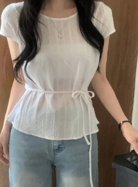 有货 韩国chic 夏日 简约 提花 绑带收腰 短袖衬衫