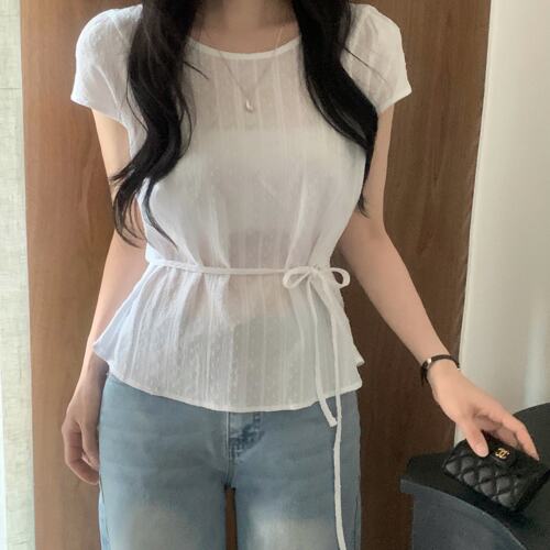 有货 韩国chic 夏日 简约 提花 绑带收腰 短袖衬衫