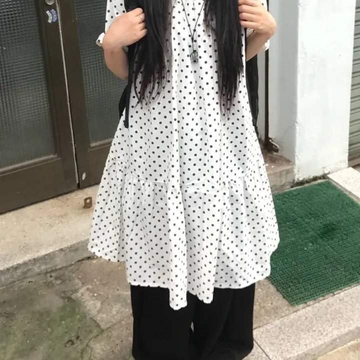 2色 夏季韩国少女复古圆点波点印花短袖宽松连衣裙娃娃裙日系
