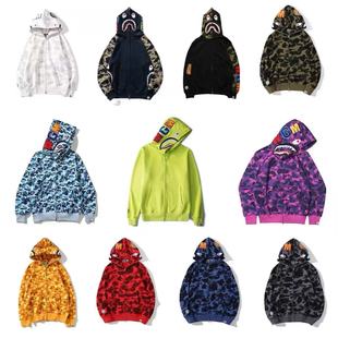 美式 百搭上衣潮牌 高街迷彩刺绣双帽鲨鱼拉链ins情侣外套女秋冬季