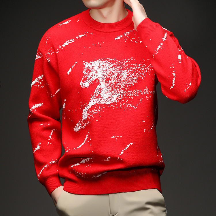 男士红色圆领加厚针织衫秋冬新款本命年拜年保暖舒适百搭毛衣上衣