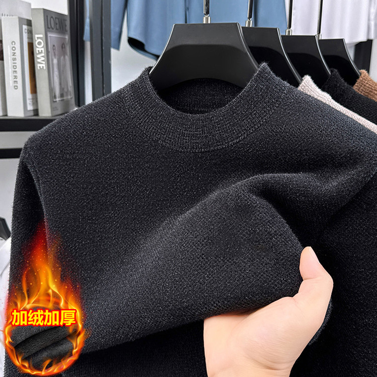 普通毛线圆领宽松活力风套头针织衫/毛衣加绒保暖中年爸爸装上衣