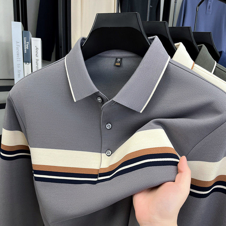 中年人条纹男士POLO衫长袖T恤翻领2025新款春秋中老年爸爸装体恤