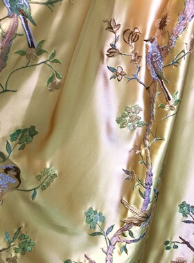 奢华新中式仿真丝高精密刺绣花窗帘窗纱花鸟别墅书房卧室客厅定制