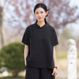 亚麻太极服女上衣 复古时尚太极拳练功服武术服晨练服T恤