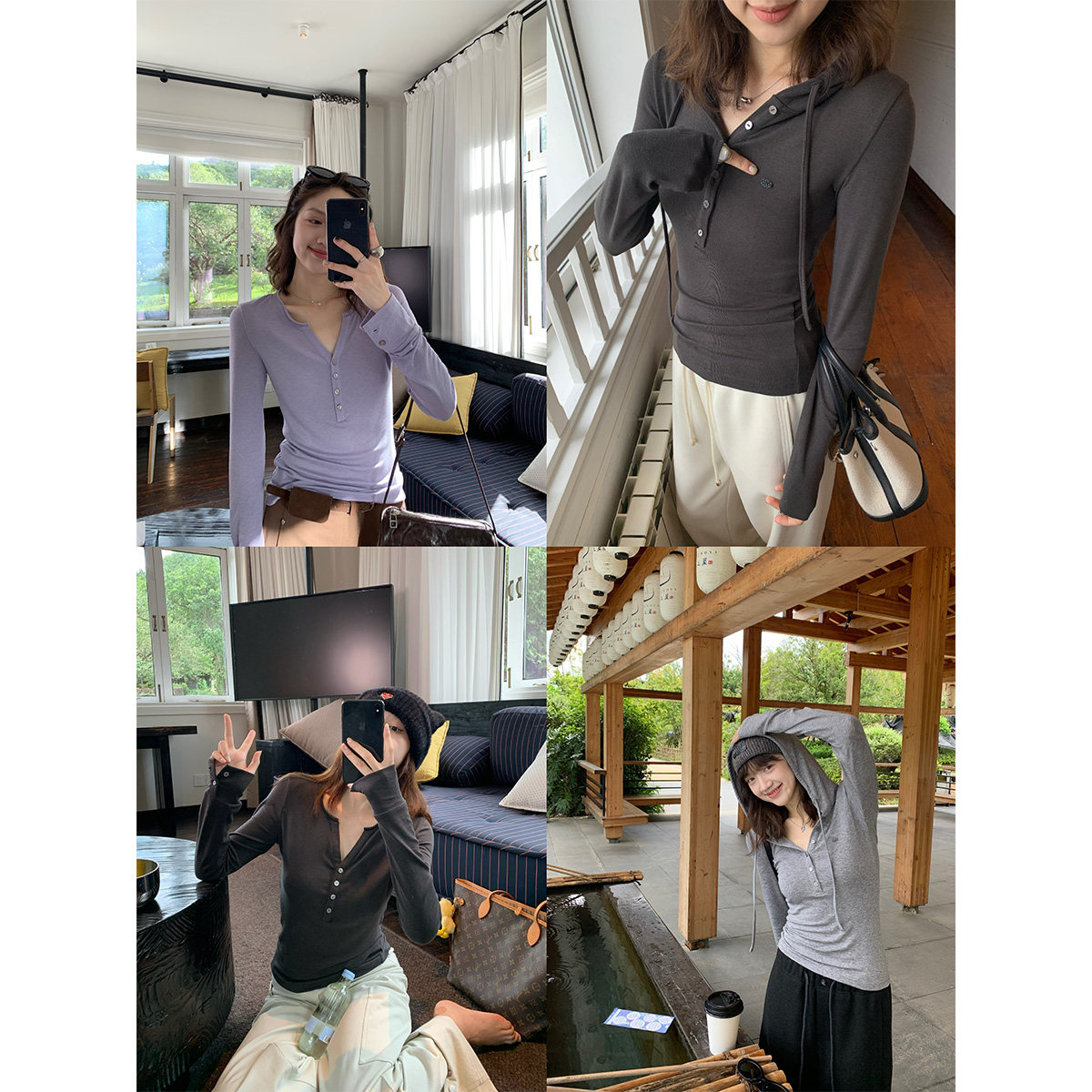“淡人daily”入秋bi备！纽扣莱赛尔修身显瘦v领亨利领连帽打底衫