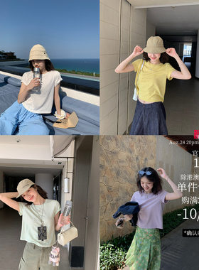 酸奶的衣橱绷缝亚麻感肌理短T