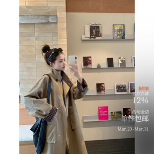 型超正挺括感立领格纹拼接宽松长短版 版 外套 挚爱推荐 河谷风衣
