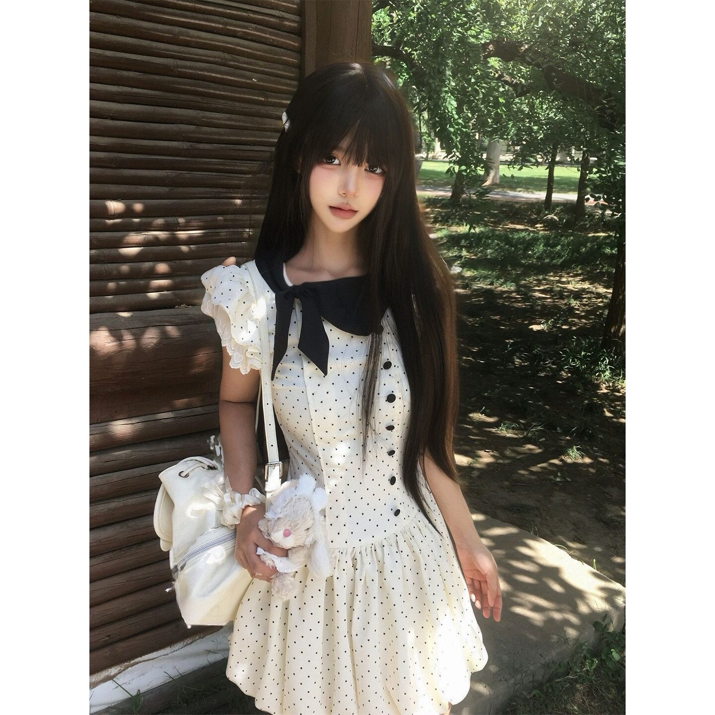 千金风蝴蝶结波点连衣裙女夏季复古小个子收腰显瘦气质蓬蓬短裙子