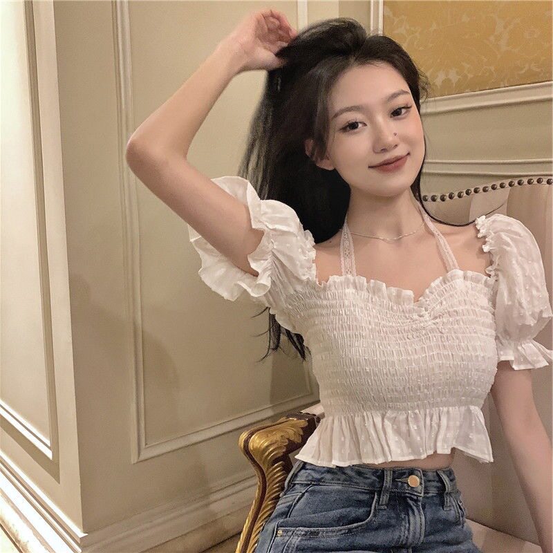 白色衬衫女小众设计感夏季新款提花纯棉修身显瘦短款泡泡袖上衣