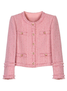 新款精致优雅小香风粗花呢粉色圆领减龄外套2915