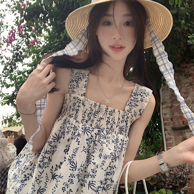 雪纺无袖碎花抹胸吊带女夏季新款洋气减龄气质时尚修身无袖上衣
