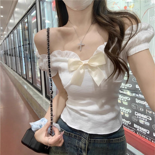 蝴蝶结一字肩短袖 甜辣大码 港味风格 t恤女夏季 短上衣 修身 显瘦小衫