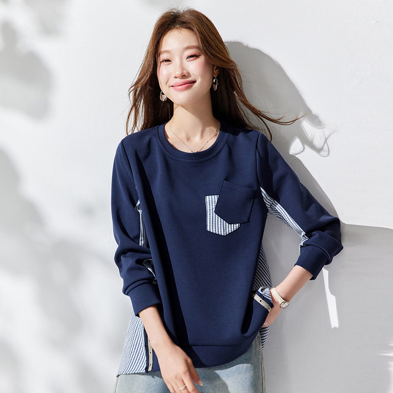 2026春装新款套头假两件T恤圆领宽松拼色慵懒风口袋长袖时尚上衣