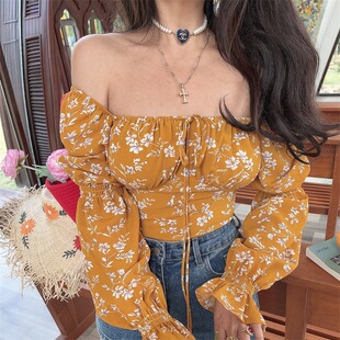 2026春秋法式方领灯笼袖抽绳露腰度假碎花小衫衬衫宽松显瘦性感