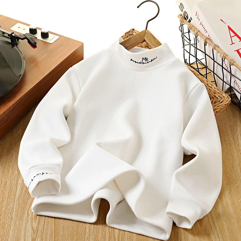 冬季儿童打底衫白色男女童半高领T恤中大童学生加绒内搭保暖上衣