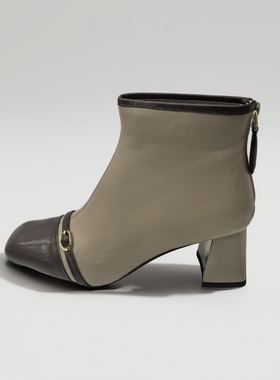 轩美诗//复古风拼色真皮短靴女2025秋冬新款方头粗跟时装靴60375