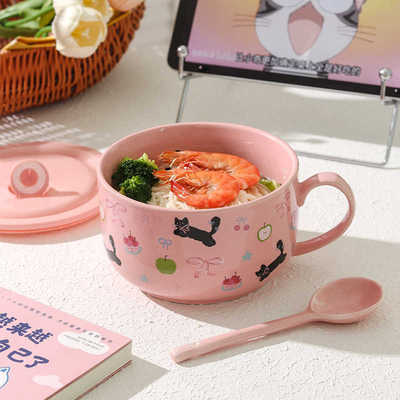 泡面碗带盖可微波炉加热可爱猫陶瓷碗宿舍大容量高颜值学生食堂碗