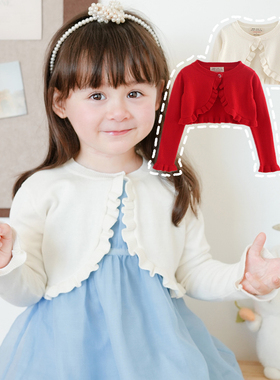 女童薄外套针织开衫蝴蝶结毛衣短款披肩小宝宝搭配礼服春秋装红色