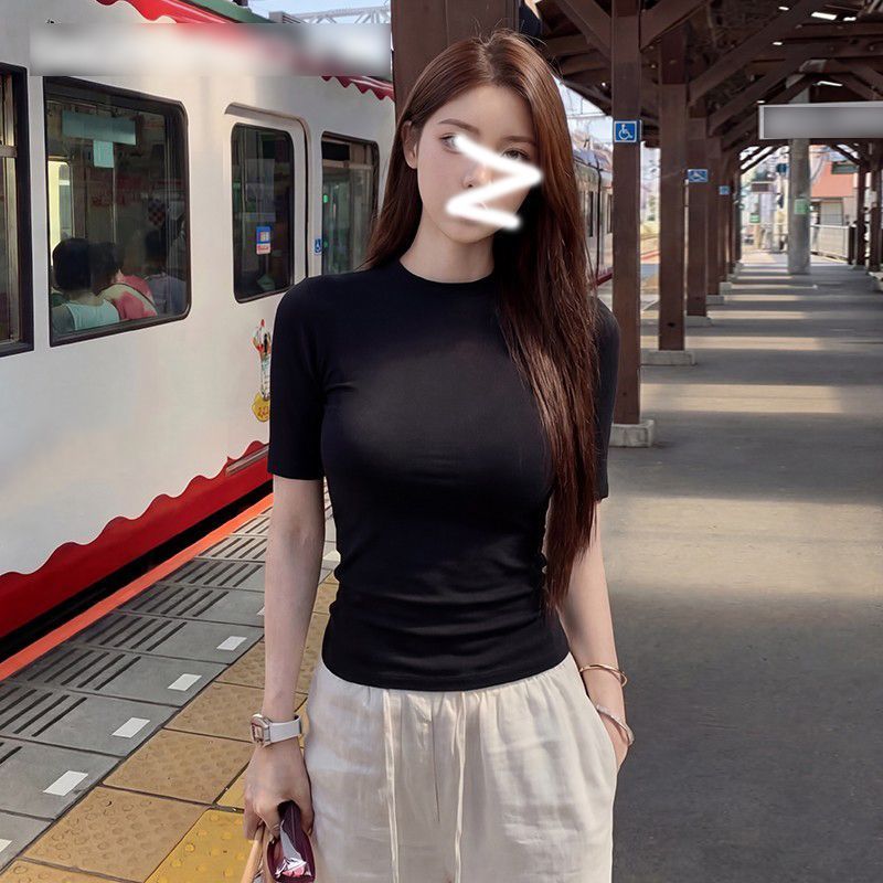 纯色圆领五分袖中袖T恤女简约基础款修身显瘦小众正肩短袖上衣女