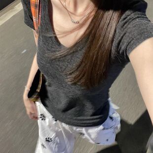 莫代尔棉正肩U领短袖T恤辣妹风2025夏新款修身简约百搭女款上衣潮