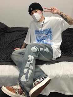 清仓福利legend传奇商行潮水洗做旧骷髅骨头刺绣牛仔裤长裤