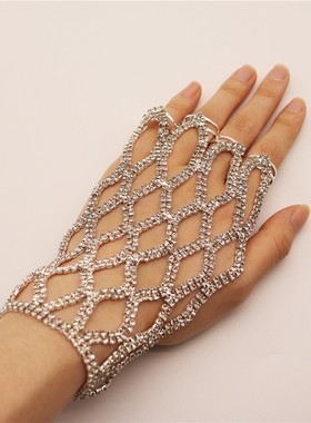 欧美新款水钻网眼镂空演出手链波西米亚风新娘婚礼水晶戒指环爪链