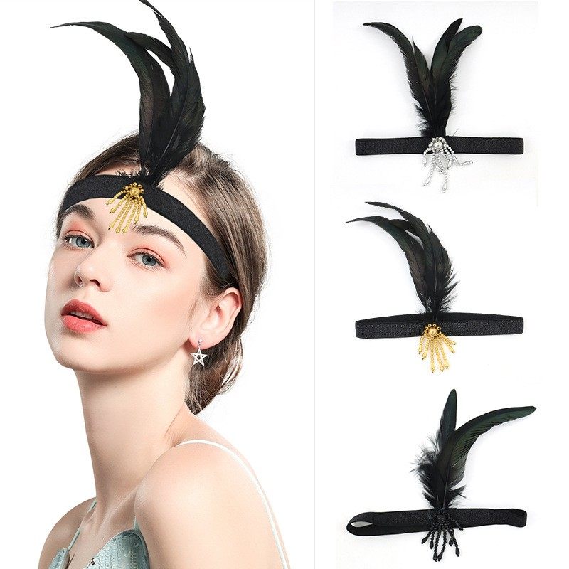 发带羽毛复古钉珠头带