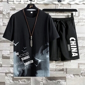 夏季 体恤短裤 男装 短袖 2021新款 薄款 冰丝运动套装 t恤韩版 两件套男
