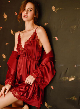 维多利亚桑蚕丝本命年睡衣真丝性感吊带睡袍两件套结婚新娘家居服
