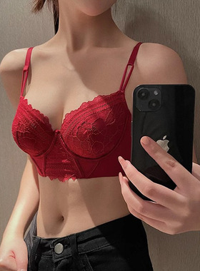 维多利亚红色内衣女薄款大胸显小收副乳防下垂结婚新娘本命年文胸