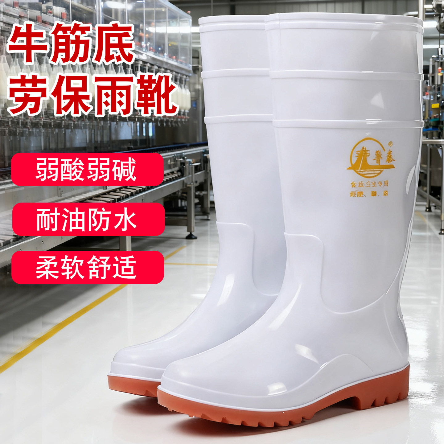 耐油防滑水鞋牛筋雨靴高筒中筒厨房耐酸碱白色食品厂防水雨鞋鲁泰