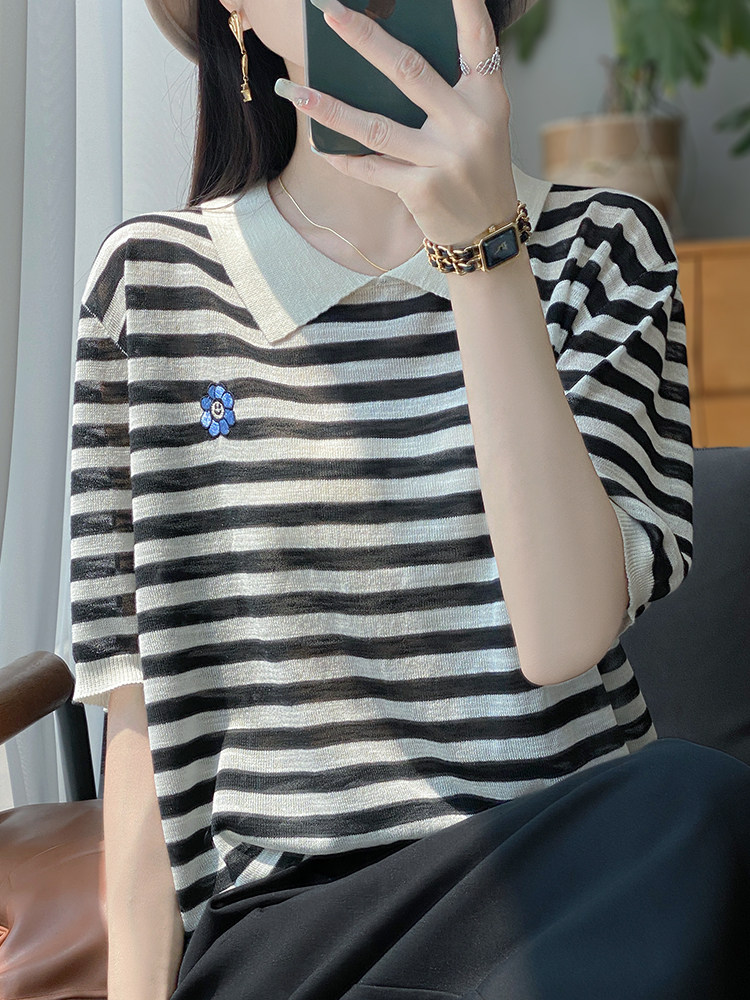 翻领条纹短袖t恤女子夏季2025新底衬衫西方风格加码女子冰丝绸针
