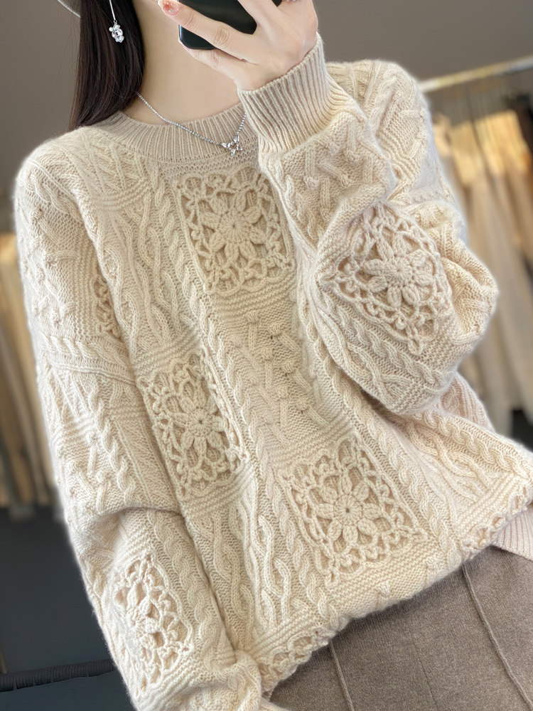 重工钩花毛衣女秋冬季加厚2025新款100纯羊毛衫高级感大码打底衫