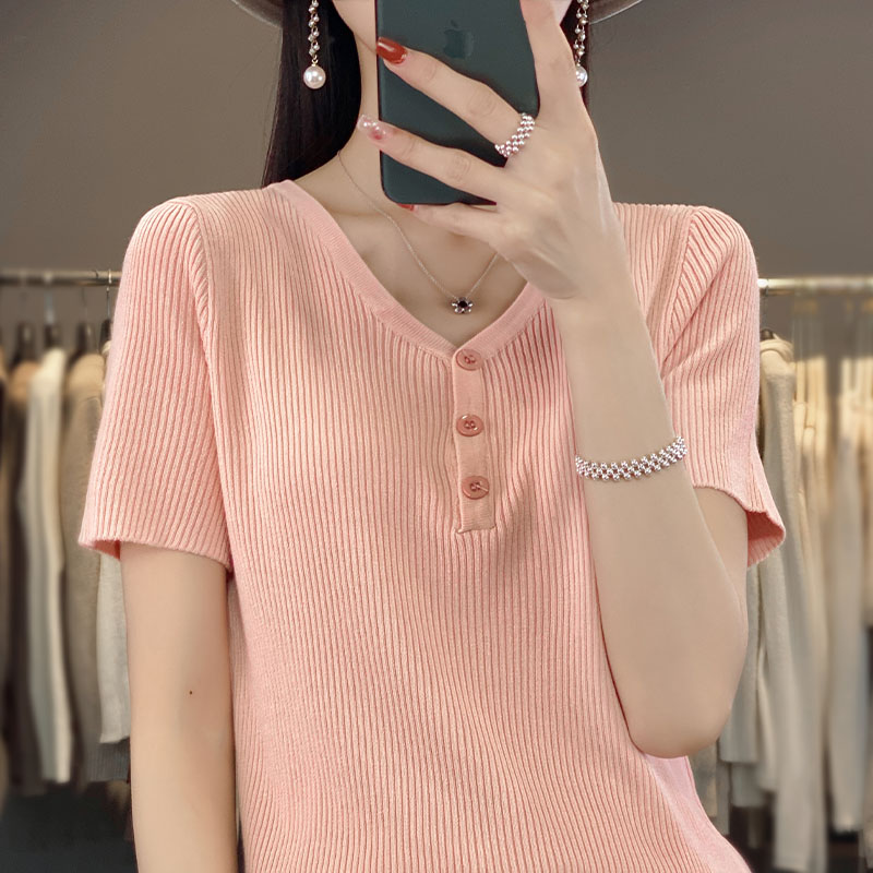 V领薄款短袖t恤女夏季2025新款打底衫洋气特大码女装冰丝针织上衣