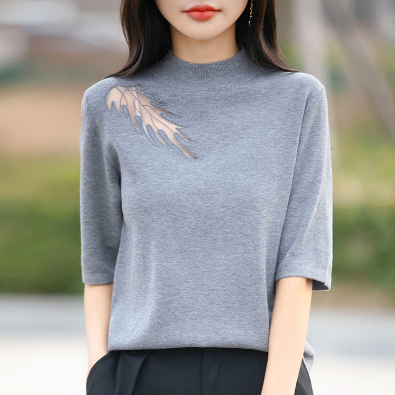 树叶镂空短袖t恤女夏季2025新款打底衫洋气大码女装冰丝针织上衣