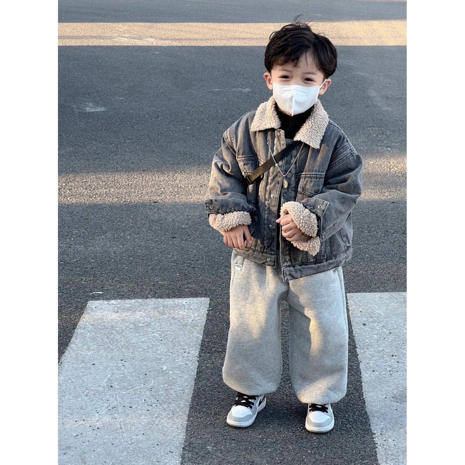 男童牛仔外套+加绒灰裤子套装加厚冬季新款儿童保暖外穿2024新款,男装,牛仔外套,淘宝优惠券,粉丝福利购,淘宝优惠卷