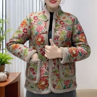 盘扣外套棉袄女 妈妈中老年加绒加厚棉衣棉服保暖碎花中式 冬季 新款