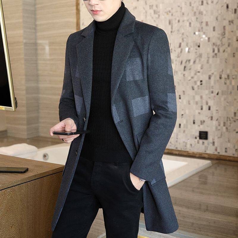 中长款呢子风衣青年男士韩版修身加厚毛呢大衣男士大衣正装外套潮