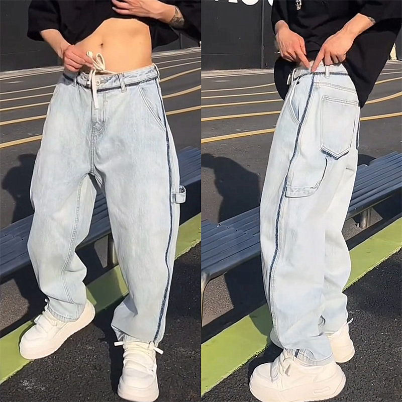 潮牌美式休闲工装口袋水洗牛仔裤男士春季新款百搭宽松阔腿直筒裤,男装,牛仔裤,淘宝优惠券,粉丝福利购,淘宝优惠卷
