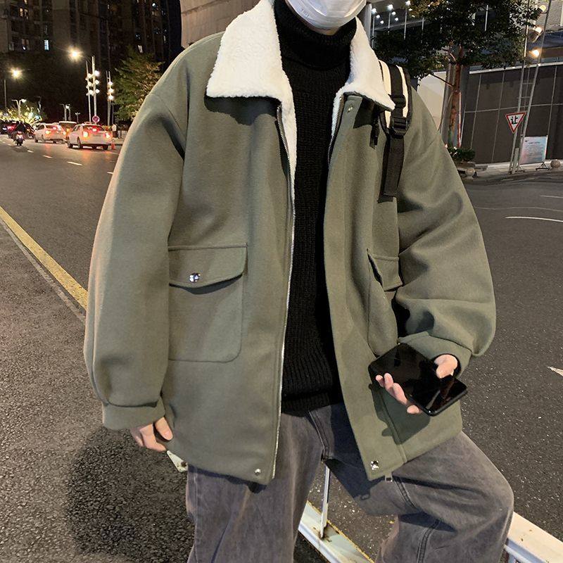 冬季军绿色羊羔绒棉服男潮流港风百搭加厚保暖翻领毛呢帅气外套男,男装,毛呢大衣,淘宝优惠券,粉丝福利购,淘宝优惠卷