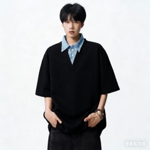 假两件拼接polo领短袖t恤男女夏季美式宽松衬衫百搭情侣半袖上衣