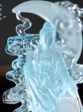 琉璃站像水月观音蓝色净瓶观世音像佛堂书房供奉摆放精致观音菩萨