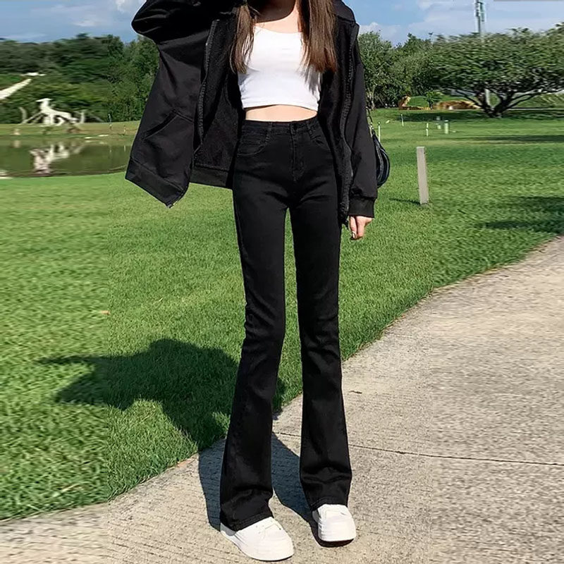 韩国黑色微喇叭加绒牛仔裤女2026春秋高腰修身显瘦加长拖地马蹄裤