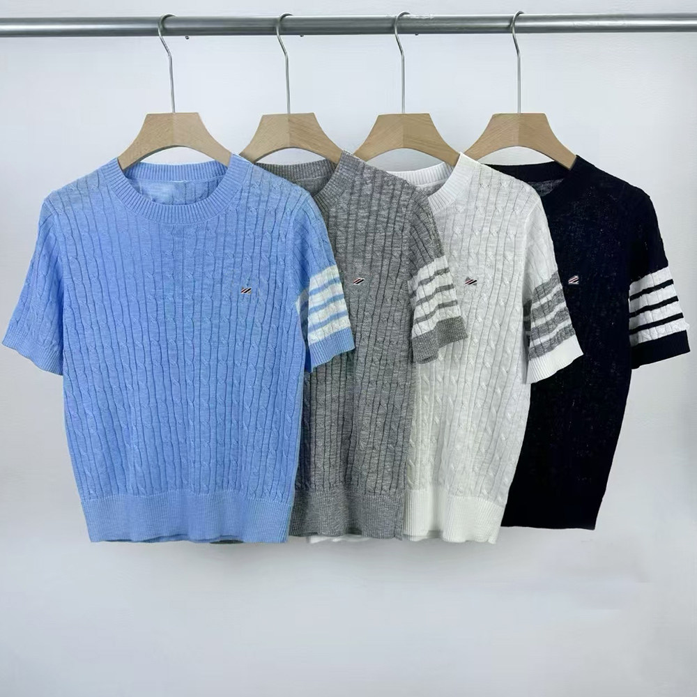 新款女士学院风卡通刺绣麻花条纹袖口设计感薄款短袖针织衫上衣