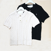 新款 女士刺绣粗针棉线绞花毛衣 翻领修身 美单 短袖 针织毛衣