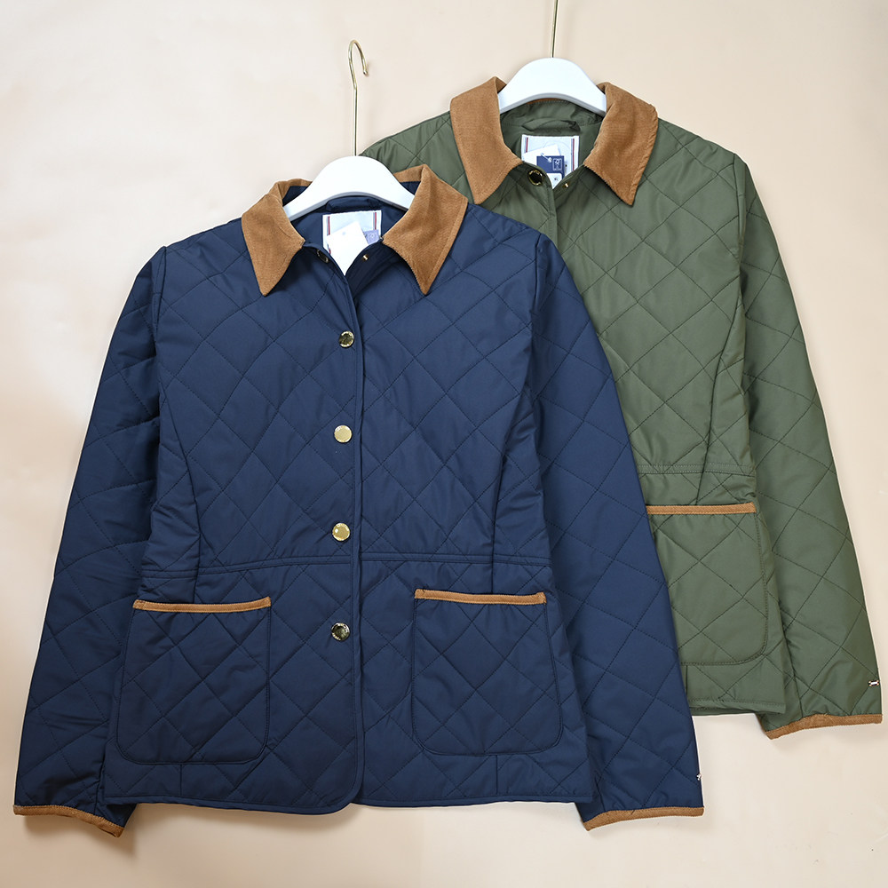 美汤系  冬季新款女士绗缝格子简约刺绣小标灯芯绒翻领轻薄款棉衣