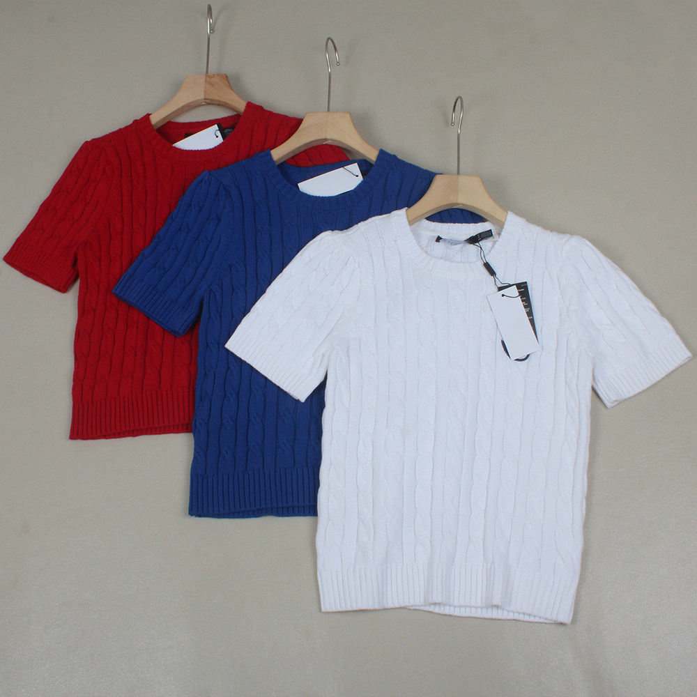 美系  2025新款圆领刺绣绞花针织衫  女士麻花编织圆领短袖针织衫