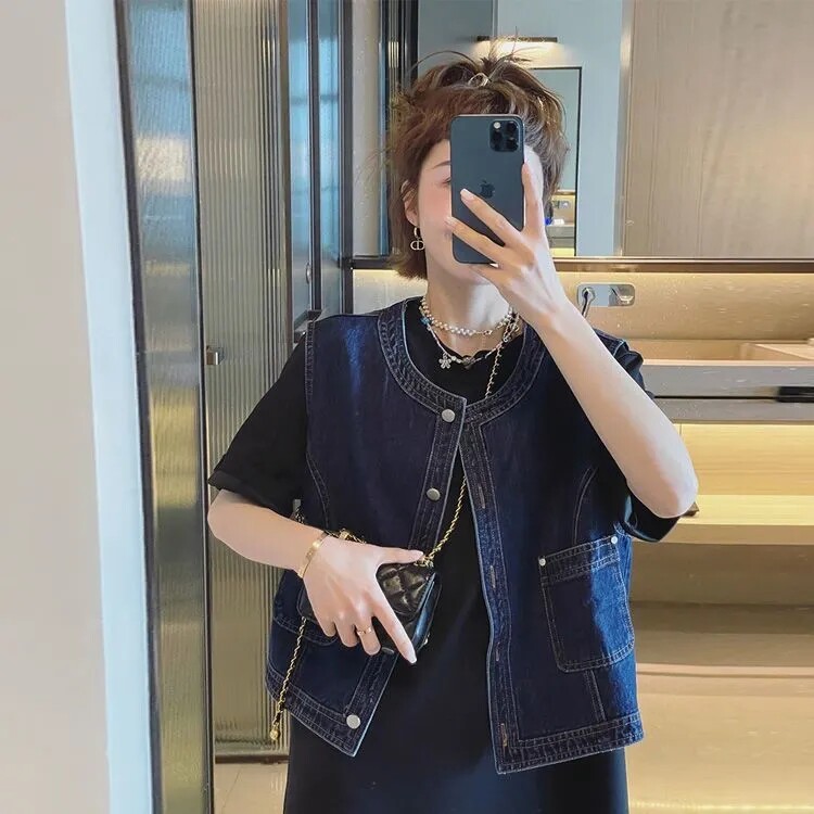 大码套装新款女装休闲制服大码胖mm牛仔马甲搭配中长连衣裙两件套