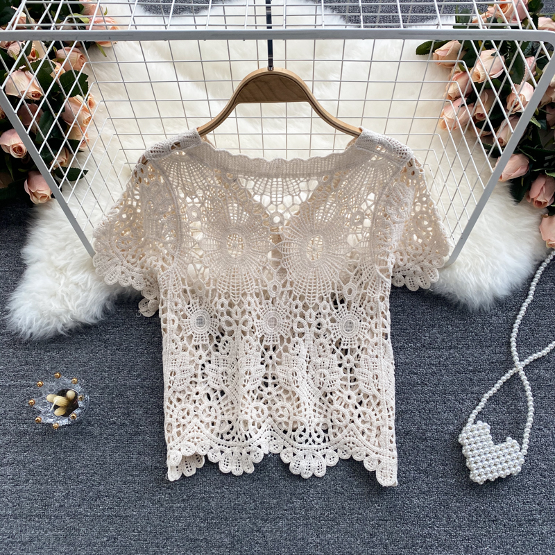 特大码300斤胖mm夏季薄款镂空短袖小坎肩蕾丝开衫女百搭短款外搭